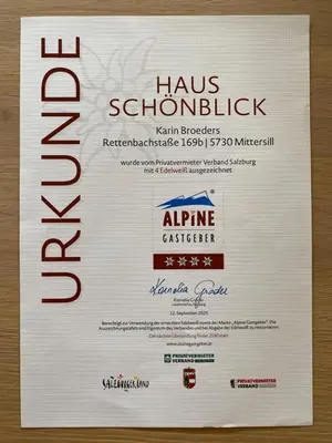 Ein Zertifikat, Auszeichnung, Logo oder anderes Dokument, das in der Unterkunft Haus Schönblick ausgestellt ist