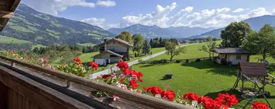 Ein allgemeiner Bergblick oder ein Berglick von des Bauernhofs aus